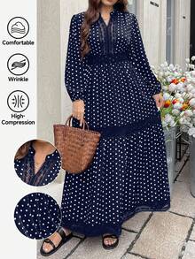 SHEIN LUNE Đầm ren cổ tròn tay loe chấm bi thanh lịch cỡ lớn dành cho nữ, phù hợp cho mùa xuân và mùa thu - Màu xanh hải quân - Xem 3