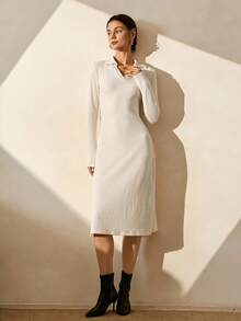 SHEIN Unity Damen elegantes weißes, weiches Strick-Langarm-Sweaterkleid, Neuheit für Herbst/Winter Frauen Neujahr Weihnachten Ausgehparty Pendler Anlass - Aprikosenfarben - Übersicht 6