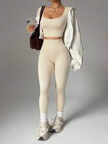 SHEIN Dewbera Conjunto de 2 piezas sin costuras de alta elasticidad con agujeros para el pulgar - Top deportivo y leggings - Conjunto de entrenamiento para mujer - Conjunto de gimnasio para mujer