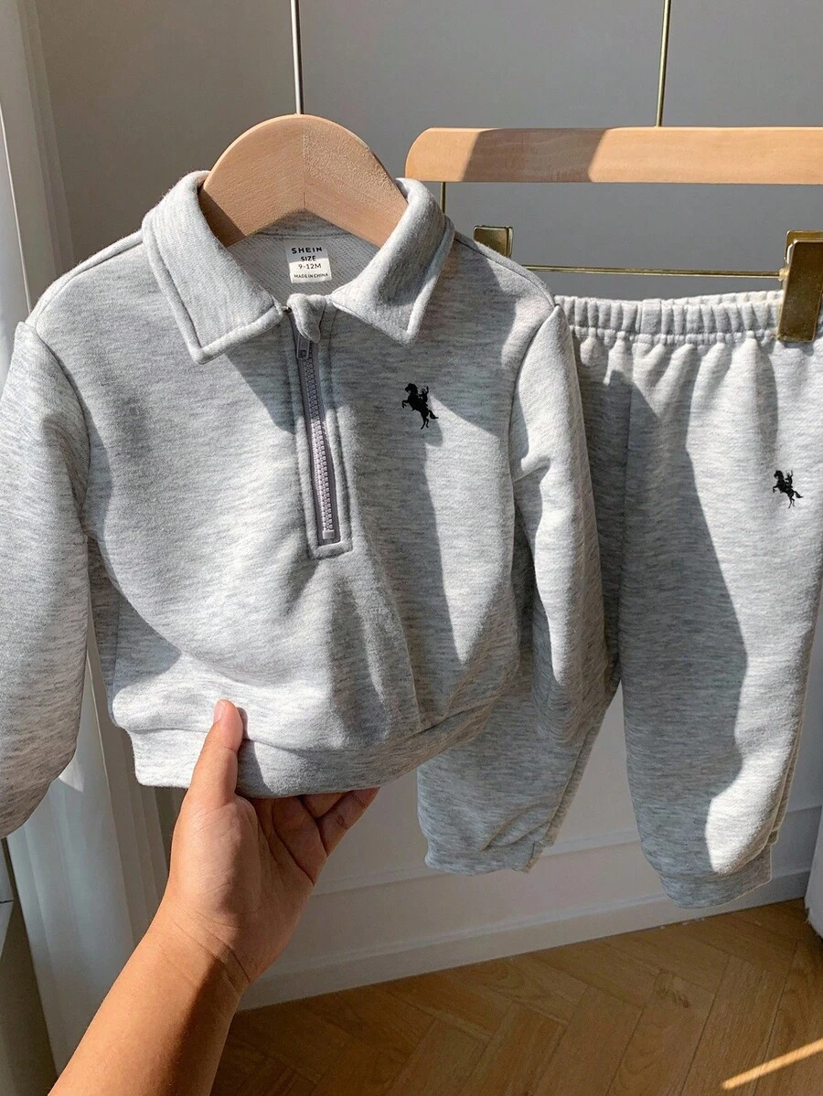 SHEIN 男婴休闲加厚保暖连帽拉链外套+弹力腰运动裤两件套,男女宝宝冬季运动服套装,男婴运动套装,幼儿男童两件套 - 灰色 - 查看 1