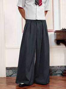 SWAVVY 男士休闲通勤条纹阔腿裤 - 深灰色 - 查看 3