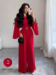 Elenzga Women's Round Neck Batwing Sleeve Jumpsuit With Belt, Elegant Loose Fit Romper For Daily, Work, Business, French Romantic Date, Holiday, Autumn/Winter, Red - Red - View 1