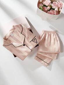 女童香槟色条纹长袖开衫和裤子两件套睡衣套装 - 彩色 - 查看 1