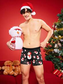 Notgurli Christmas Funny Print Cartoon Quirky Santa Claus, Gift Box, Candy Cane, Bell, Snowflake, Snowman, Family Party Men's Mid-Length Boxer Briefs - Black - View 6