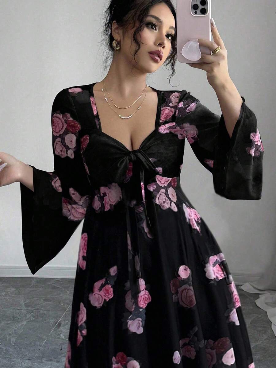 Elenzga 女士时尚优雅迷人玫瑰花卉印花甜心领扭纹前部不对称荷叶边下摆弹力网眼喇叭袖度假浪漫 A 字中长连衣裙秋季女装 - 彩色 - 查看 1