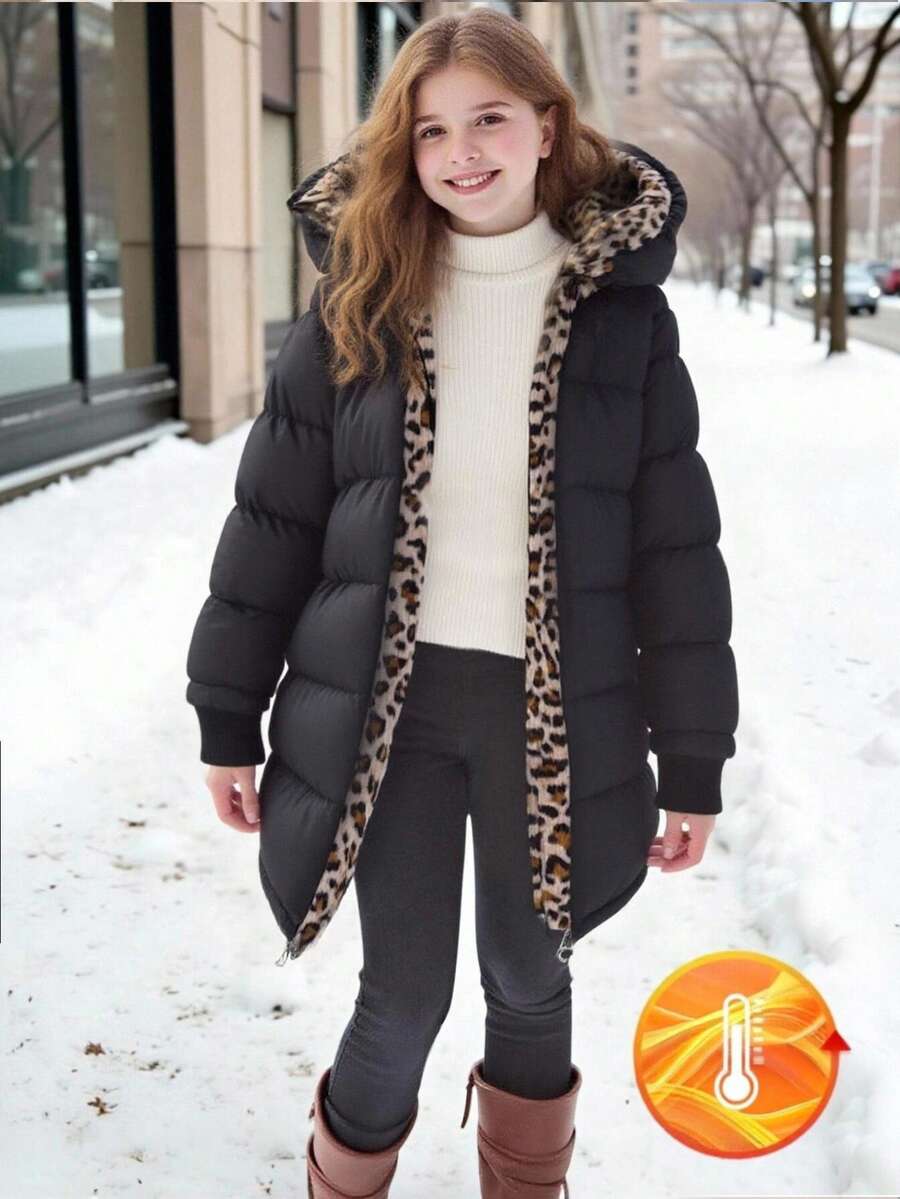 SHEIN 1 件 Tween Girl 中长袖棉衣，毛绒衬里，舒适保暖，纯色外套