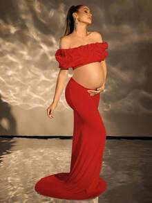 Cheriluna Maternity 1pc Maternity Solid Color Off-Shoulder Short Sleeve Top And Elegant Photoshoot Outfit