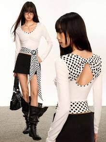 Rina Fox Women's Polka Dot Print Patchwork Hollow Back T-Shirt