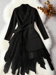 DreamSkyne Plus Size Women's Collared Short Sleeve Adjustable Waist Belt Mesh Patchwork Thin Jacket, Suit Dress