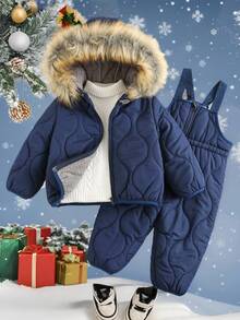 SHEIN 2pcs/Set Baby Boys Cute Casual Blue Thermal Lined  Jacket + Thick Fleece Bib Pants Snowsuit, Unisex Baby Winter Clothes Fall - Multicolor - View 5