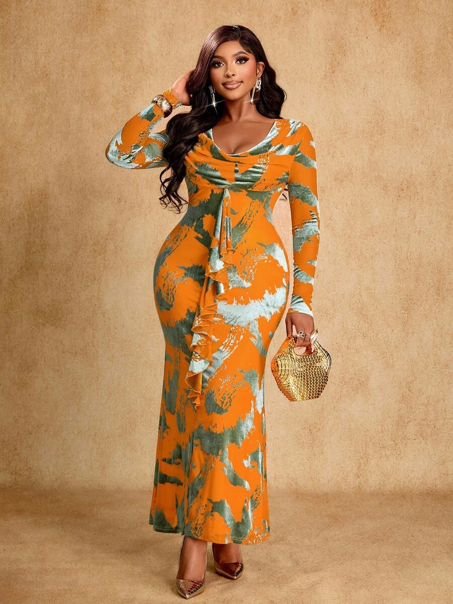 Brilight Vestido elegante de dama con material AB con cuello de empalme para otoño e invierno, con cintas en la parte delantera, y vestido de fiesta de terciopelo con planchado suave. - Amarillo - Ver 1