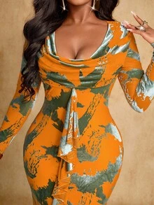 Brilight Vestido elegante de dama con material AB con cuello de empalme para otoño e invierno, con cintas en la parte delantera, y vestido de fiesta de terciopelo con planchado suave. - Amarillo - Ver 7