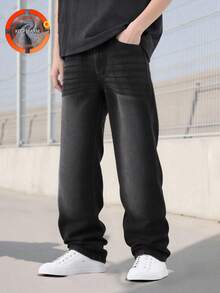 SHEIN Denimly 男士休闲学院风户外风格松紧腰拉链开合户外街头百搭牛仔直筒裤，适合日常穿着、派对和上学