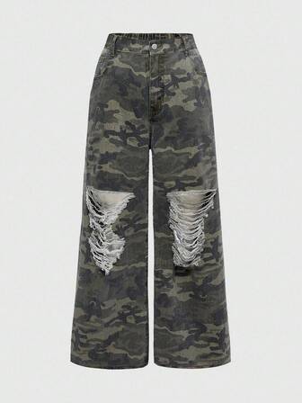 Grunge Punk Große Größen K-Pop Vintage Camouflage Bedruckte Weite Jeans mit Abnutzungserscheinungen