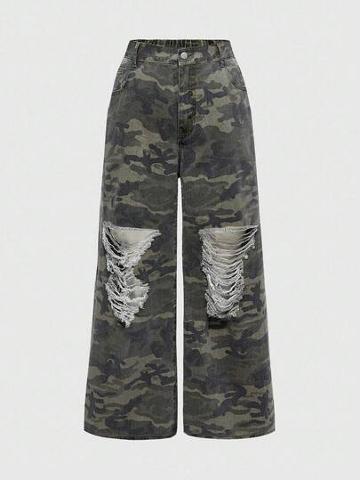 Grunge Punk Jeans a zampa larga vintage con stampa mimetica e effetto vissuto, taglie comode