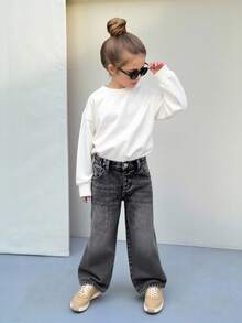 年轻女孩宽松水洗灰色牛仔裤，柔软棉质面料，休闲街头服饰，适合日常穿着、派对、旅行、返校、秋冬新品 - 淺灰色 - 查看 5