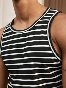 SWAVVY 男士休闲百搭日常条纹圆领背心，夏季 - 白色 - 查看 6