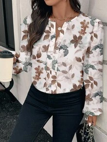 EMERY ROSE Camisa de talla grande con estampado floral acuarela elegante, adecuada para el otoño