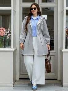 SHEIN LUNE Plus Size Solid Color Drawstring Waist Hooded Jacket, Autumn/Winter Office Outfits For Women Coat Women's Zipper Sweatshirt Jacket, Thermal Lined Warm Jacket - Grey - View 4