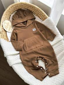 All Shades Of Brown Autumn Cute Modest Sibling Matching 3D Bear Embroidered Fleece Jumpsuit For Baby Boys,Mocha Neutral Infant Winter Clothes - Brown - View 3