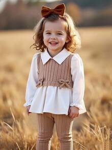 SHEIN 2pcs/Set Baby Girls Autumn New Outfit, White Patchwork Ribbed Fabric Long Sleeve 2 In 1 Shirt With Bow, Casual Ribbed Flare Pants, Versatile Everyday Wear