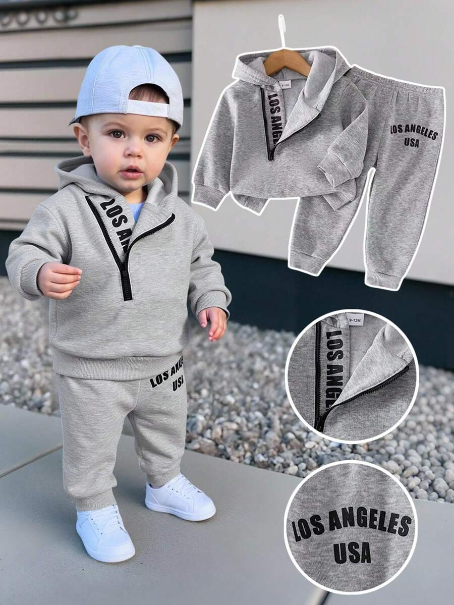 SHEIN Playful Pals 2 件套男婴字母印花连帽卫衣和松紧腰字母印花裤，适合外出、休闲装、秋冬季、男婴服装、灰色卫衣套装 - 灰色 - 查看 1
