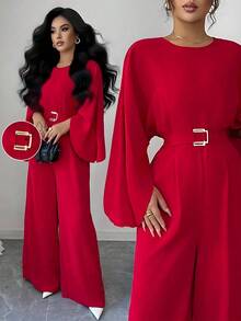 Elenzga Women's Round Neck Batwing Sleeve Jumpsuit With Belt, Elegant Loose Fit Romper For Daily, Work, Business, French Romantic Date, Holiday, Autumn/Winter, Red - Red - View 7