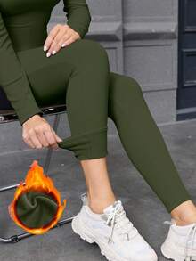 Rafferiza Autumn/Winter Zipper Long Sleeve Sportswear Casual Naked Feel Thermal Lined Skinny Elastic Jumpsuit - Army Green - View 4