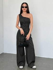 SHEIN Unity 2 件休闲条纹不对称肩女士套装 - 黑色 - 查看 3