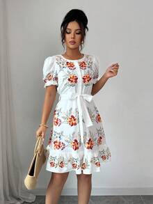 Rafferiza Summer Floral Print Casual Dress For Vacation - White - View 6