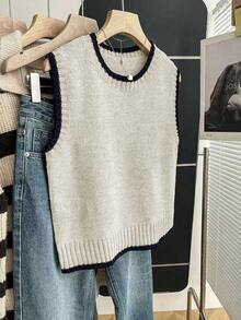 Franclia Casual Loose Crew Neck Sleeveless Knit Contrast Trim Khaki Sweater Top For Women, Spring/Autumn - Apricot - View 4