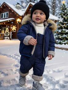 SHEIN 2pcs/Set Baby Boys Cute Casual Blue Thermal Lined  Jacket + Thick Fleece Bib Pants Snowsuit, Unisex Baby Winter Clothes Fall - Multicolor - View 6