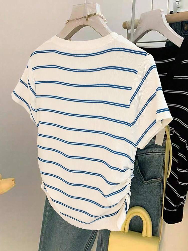 Franclia Women's Striped V-Neck Short Sleeve Pleated Casual T-Shirt - 藍色 - 查看 2