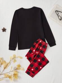 Tween Girl Good Night Graphic & Heart Plaid Pattern Cute Casual Sleepwear Pajamas Set, Comfortable Long Sleeve Top And Pants, Christmas - Red - View 2