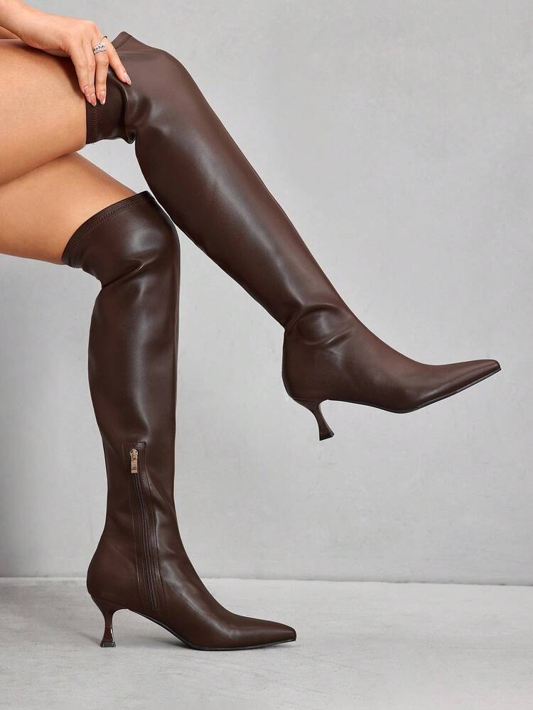 CUCCOO SZL Women's Autumn/Winter New White Fashion Super High Over-The-Knee Boots, Versatile Pointed Toe Kitten Heel Elegant Minimalist Elastic Thigh High Boots For Christmas