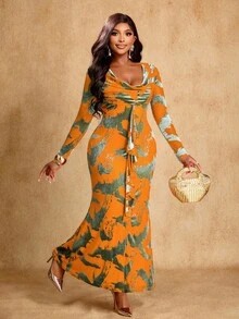 Brilight Vestido elegante de dama con material AB con cuello de empalme para otoño e invierno, con cintas en la parte delantera, y vestido de fiesta de terciopelo con planchado suave. - Amarillo - Ver 5