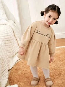 Cozy Pixies Robe à manches longues avec épaules tombantes, col rond, imprimé lettres et nœud, taille marquée, couleurs contrastées, pour bébé fille - Kaki - Voir 4