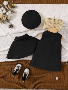 SHEIN 2件套女婴羊毛混纺可爱蝴蝶结无袖连衣裙和连帽斗篷外套套装 - 黑色 - 查看 2