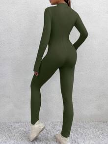 Rafferiza Autumn/Winter Zipper Long Sleeve Sportswear Casual Naked Feel Thermal Lined Skinny Elastic Jumpsuit - Army Green - View 2