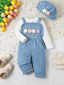 3 件套女婴甜美风格白蓝圆领长袖上衣、围兜裤、配套帽子套装，适合外出、休闲装、儿童派对 - 藍色 - 查看 1