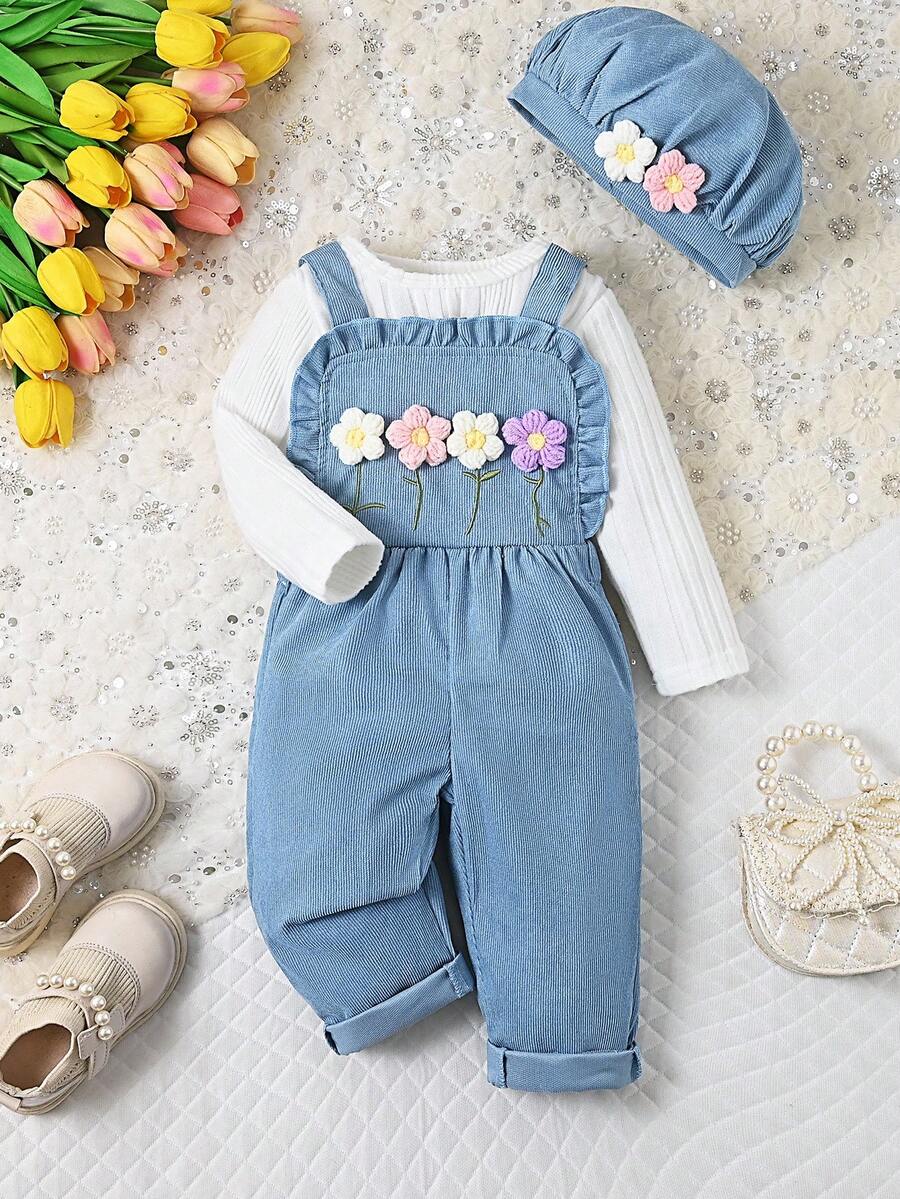 3 件套女婴甜美风格白蓝圆领长袖上衣、围兜裤、配套帽子套装，适合外出、休闲装、儿童派对 - 藍色 - 查看 1