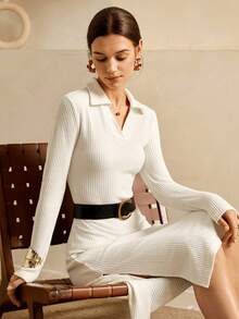 SHEIN Unity Damen elegantes weißes, weiches Strick-Langarm-Sweaterkleid, Neuheit für Herbst/Winter Frauen Neujahr Weihnachten Ausgehparty Pendler Anlass - Aprikosenfarben - Übersicht 5