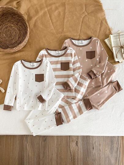 6pcs/Set Young Boy Thin Tight-Fitting Pajamas, Cute Simple Striped & Star Print Long Sleeve Top And Pants, Casual Loungewear For Autumn/Winter