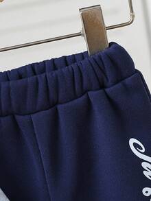 2 Stücke Set für Kleinkinder, Jungen, Colorblock-Kapuzenpullover, Jacke und einfarbige blaue Hose, lässiges Dekor mit Buchstabe Muster, lockere Passform, geeignet für Ausflüge, Faulenzen, Sport und Themenpartys. Trainingsanzug für Jungen, Babykleidung für Jungen, Letterman-Kapuzenpullover-Set für Jungen, Herbst- und Wintersaison, Kleinkindkleidung für Jungen - Blau - Übersicht 5