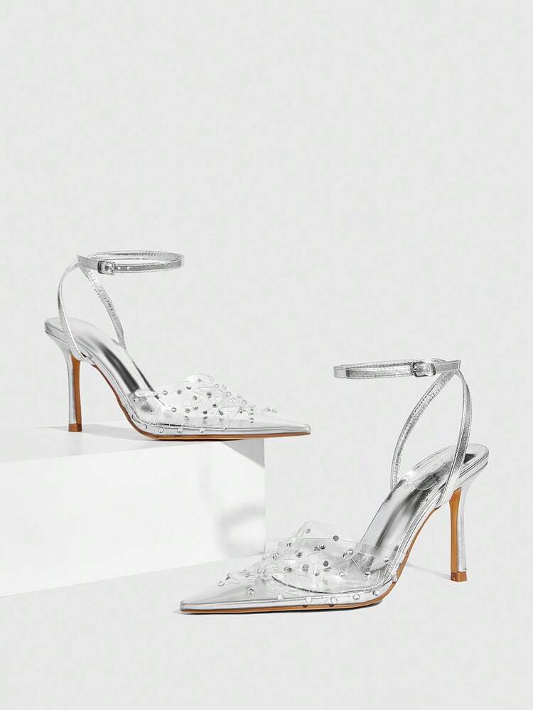 CUCCOO SZL Silver Metal TPU Rhinestone Fashionable Sexy Strap Pointed Toe Elegant High Heel Party Shoes