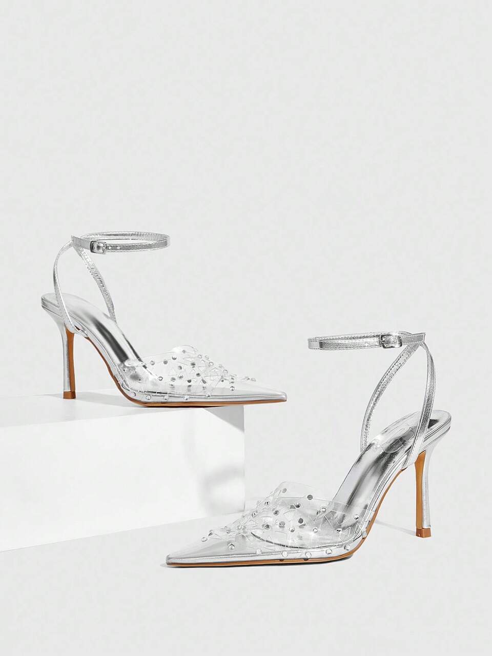 CUCCOO SZL Silver Metal TPU Rhinestone Fashionable Sexy Strap Pointed Toe Elegant High Heel Party Shoes