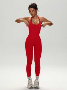 Slayform Slayform Women's Solid Color Backless Halter Jumpsuit, Activewear Seamless Yoga Jumpsuit Red Workout Jumpsuit - Red - View 4
