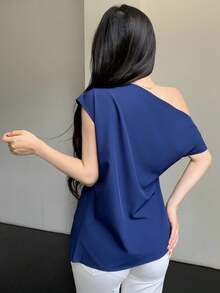 Celisse Women's Solid Color Pleated Asymmetric Collar Elegant Short Sleeve Blouse - Navy Blue - View 2