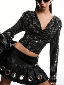 LYSMO 2025 Women's Cowl Neck Sequin Blouse,Black And Silver,Autumn,Seksi Chic,Night Club Elegant Sparkly Long Sleeve Fitted Top For Christmas New Year - Black - View 1