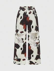 ROMWE Grunge Punk Pantalones capri de mezclilla desgastados de talla grande, jeans de pierna ancha con estampado de leopardo - Multicolor - Ver 1